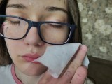 After blowjob, I wiped her face and glasses with a tissue