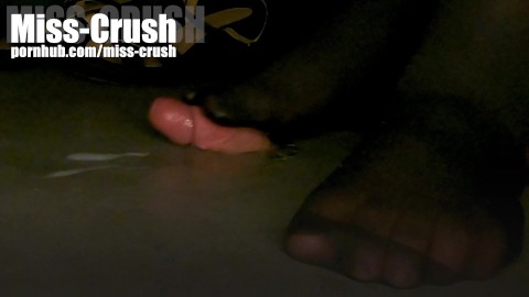Cock crush under open shoes with large heel and feet on pantyhose with cumshot