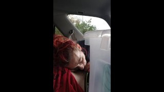 Petite redhead sucks bwc in public with people all around