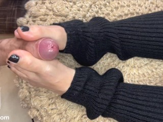Black Leg Warmers Footjob and get Covered with Cum