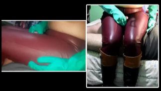 Bootjob & Thighjob by Riding Mistress in leather pants & leather riding boots wearing latex gloves