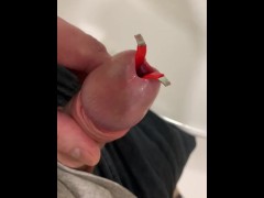 Plugged urethra close-up peeing