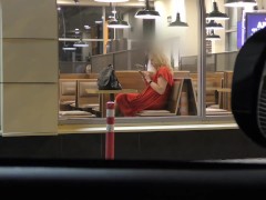 Public extreme. Naked at Burger King fast food. Jerking off in front of everyone