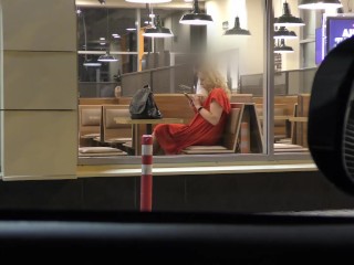 Public extreme. Naked at Burger King fast food. Jerking off in front of everyone