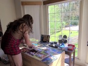 Preview 1 of Big fake tits crossdresser doing arts and crafts in front of open window