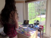 Preview 4 of Big fake tits crossdresser doing arts and crafts in front of open window