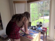 Preview 5 of Big fake tits crossdresser doing arts and crafts in front of open window
