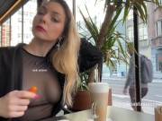 Preview 3 of Flashing tits in cafe with glass walls so all people outside see me. Transparent t-shirt no bra.