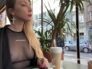 Preview 4 of Flashing tits in cafe with glass walls so all people outside see me. Transparent t-shirt no bra.