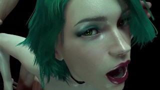 녹색 머리를 가진 뜨거운 소녀는 3D 포르노 뒤에서 엿지고 있습니다.