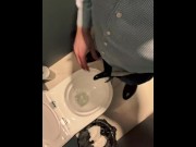 Preview 1 of Man unzips his pants pissing in office toilet and shows his wet cock close to camera