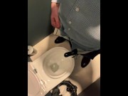 Preview 2 of Man unzips his pants pissing in office toilet and shows his wet cock close to camera