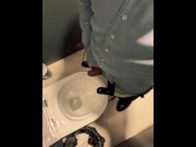 Preview 3 of Man unzips his pants pissing in office toilet and shows his wet cock close to camera