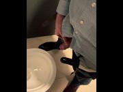 Preview 6 of Man unzips his pants pissing in office toilet and shows his wet cock close to camera