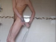 Preview 6 of Skinny teen pissing from his ass enema amazing fountain of piss