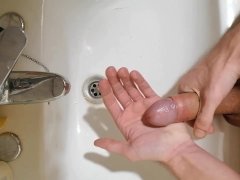 Quickie in bathroom sink and cum play