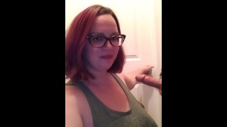 Purple haired milf with glasses gives BJ teaser