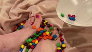 Trans Feet Food Play - Trans Girl Plays With M&Ms with Her Feet and Balls