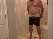 Preview 3 of Plastic Bag Man Trying on Sexy Black Tight Pants