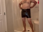 Preview 5 of Plastic Bag Man Trying on Sexy Black Tight Pants