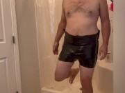 Preview 6 of Plastic Bag Man Trying on Sexy Black Tight Pants