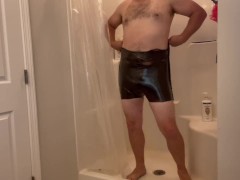 Plastic Bag Man Trying on Sexy Black Tight Pants - Screenshot 6 of 16 - Father