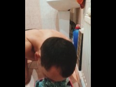 toilet slave eats toilet paper from the trash can