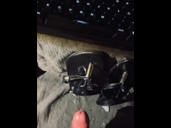 Huge Cumshot over her Leather Sandals
