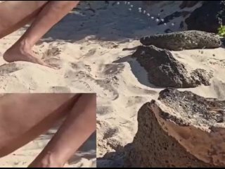 young woman on the beach watched by everyone takes a long and golden piss completely naked