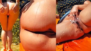 Girl drinks beer in the park. She rubs her pussy until she cums. Real Squirt Orgasm