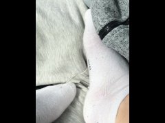 Femdom footjob a white socks in car