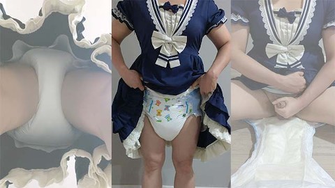 Crossdresser Wearing a Blue Sailor Dress and a Thick Diaper, then Jerking Off 4 