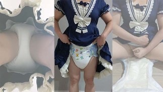 Crossdresser portant une robe de marin bleue et une couche Thick, puis se branlant 4 