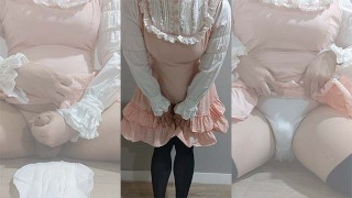 Crossdresser Wearing a Pink Dress and Sanitary Towel then Cumming 男の娘 洋服 偽娘 生理用ナプキン