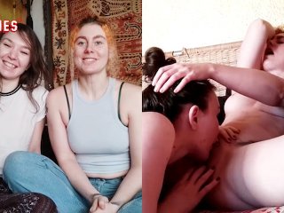 big natural tits, brunette, lesbian pussy eating, girls kissing