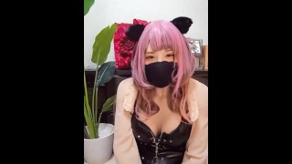 Japanese T-girl masturbates with big dildo in her gaping asshole.
