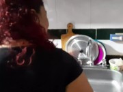 Preview 4 of I interrupt the maid while she is washing the dishes so she can suck my dick