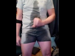 Desperate wetting in grey boxers. Huge load in the end!