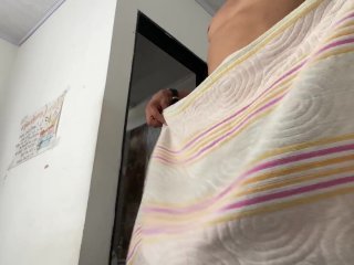 my penis plays with the towel before taking a shower