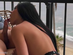 NAUGHTY RICH GIRL GIVES BLOWJOB ON BEACH BALCONY