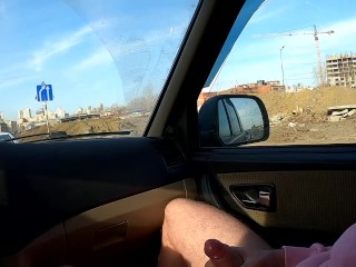 Guy Masturbates Cock in the Car during a Trip