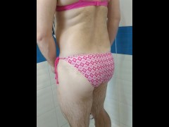Boy wearing sexy Pink bikini and get shower