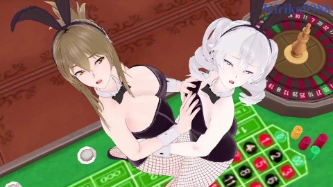 Chitose Kisaragi and Nine engage in intense lesbian play at a casino. - Super Robot Wars V Hentai