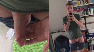Young twink tasting his cum in front of the mirror