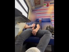 Blond teen boy jerking off and cumming in the busy train