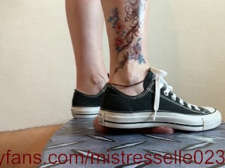 Mistress Elle in Converse Stomp her Slaves Cock on Trampling Table