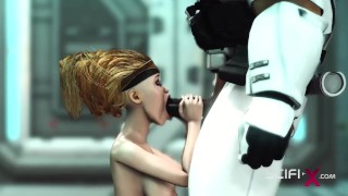 Uma jovem gostosa sexy é fodida pelo stormtrooper nas naves espaciais