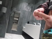 Preview 1 of Horny teen bisexual boy stroking his dick and shooting a lot of cum in public male restroom