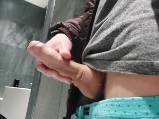 Horny Teen Bisexual Boy Stroking his Dick and Shooting a Lot of Cum in Public Male Restroom