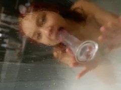 Watching my Wife using her Huge Dildo in the Hotel Shower